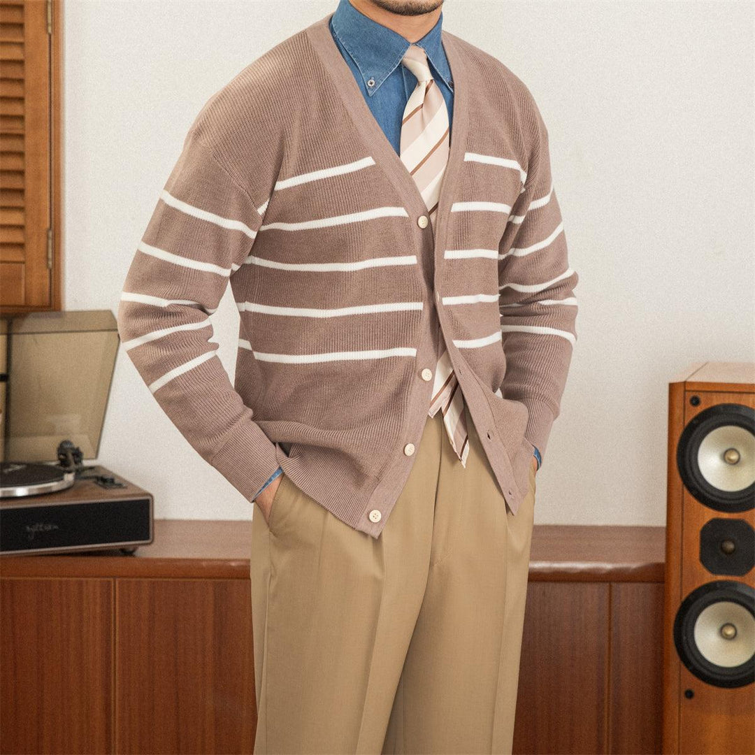 V-neck Striped Knit Cardigan Fashion Sweater Jacket - WOMONA.COM