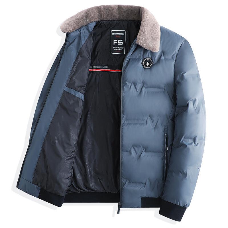 Men's winter cotton-padded coat with faux-fur hood, quilted light-blue outer and zip front