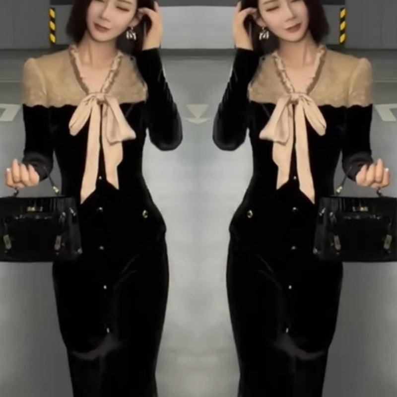 Black long-sleeve bowknot single-breasted slim-fit dress with beige contrast yoke