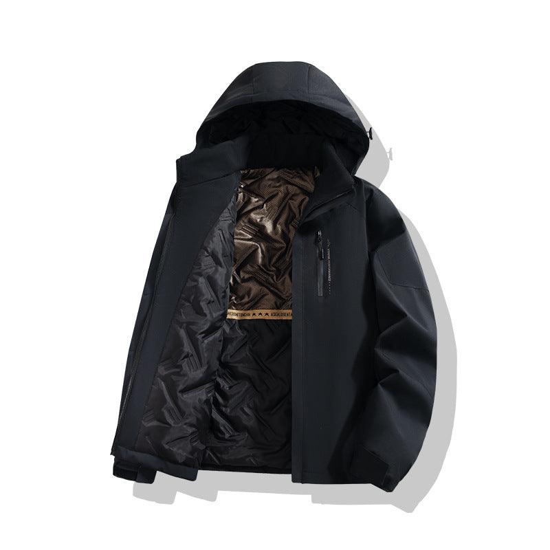 Hooded padded coat in dark gray with zip front and insulated lining visible