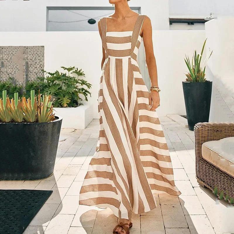 Fashion Striped Printed Simple Comfortable Sling Long Dress - WOMONA.COM