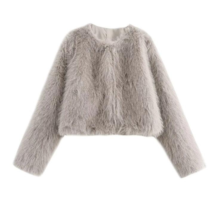 Women's faux fur cropped jacket in light gray, fuzzy texture, long sleeves