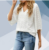 V-neck Three-quarter Sleeves Dotted Chiffon Shirt Blouse Women - WOMONA.COM