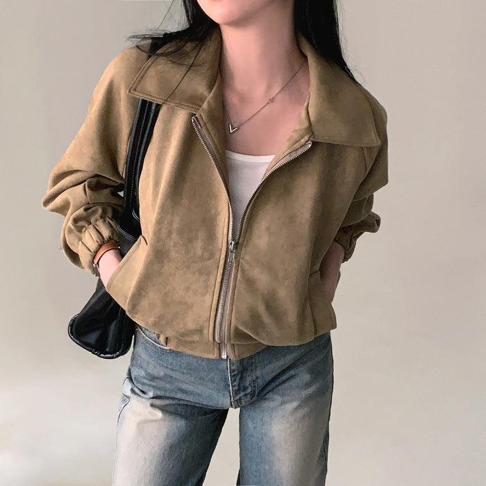 Khaki suede lapel zip-up jacket with long sleeves and elastic cuffs