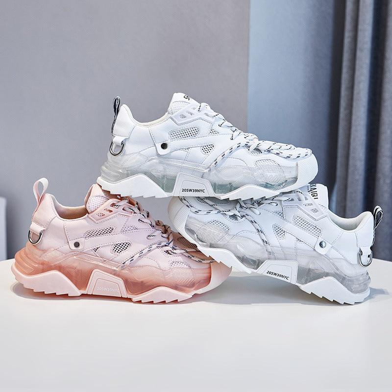 Women's chunky mesh sneakers in white and pink, lace-up, thick platform sole.