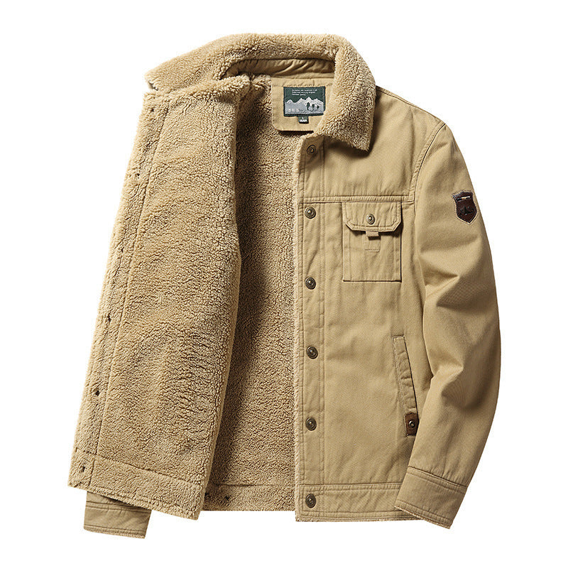 Men's Polo Collar Fleece-Lined Cotton Jacket