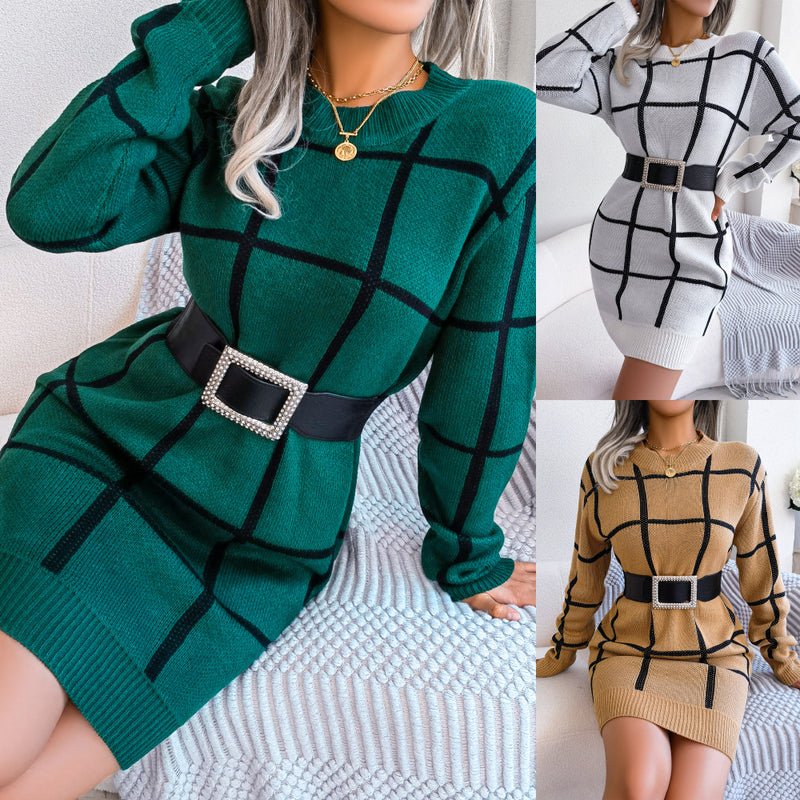 Casual Contrast Color Plaid Long Sleeve Base Sweater Dress - WOMONA.COM