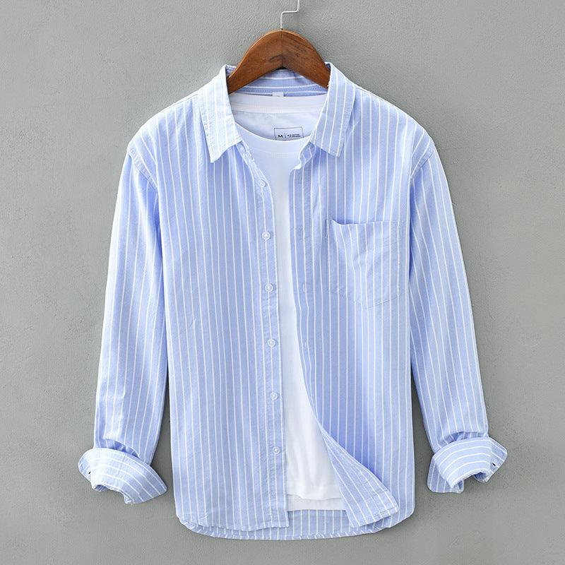 Men's light blue cotton striped long-sleeve button shirt with chest pocket and cuffs.