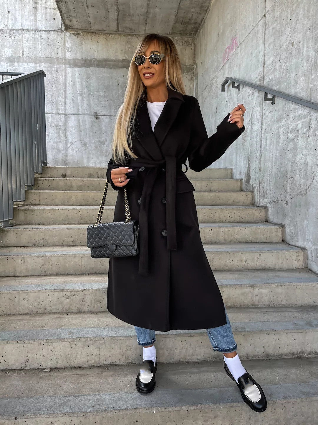 Women's double-breasted belt-detail long coat