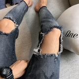 High Street Ripped Knee Jeans Cropped Pants Men - WOMONA.COM