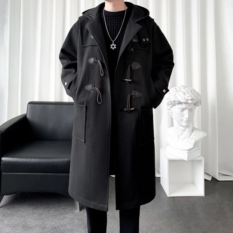 Men's wool duffle coat with hood, black toggle closure, and flap pockets.
