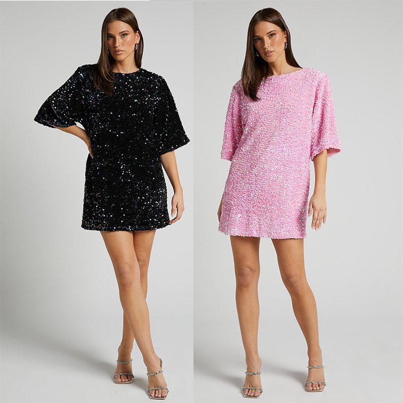 Velvet Sequin V-Neck Backless Short Sleeve Dress