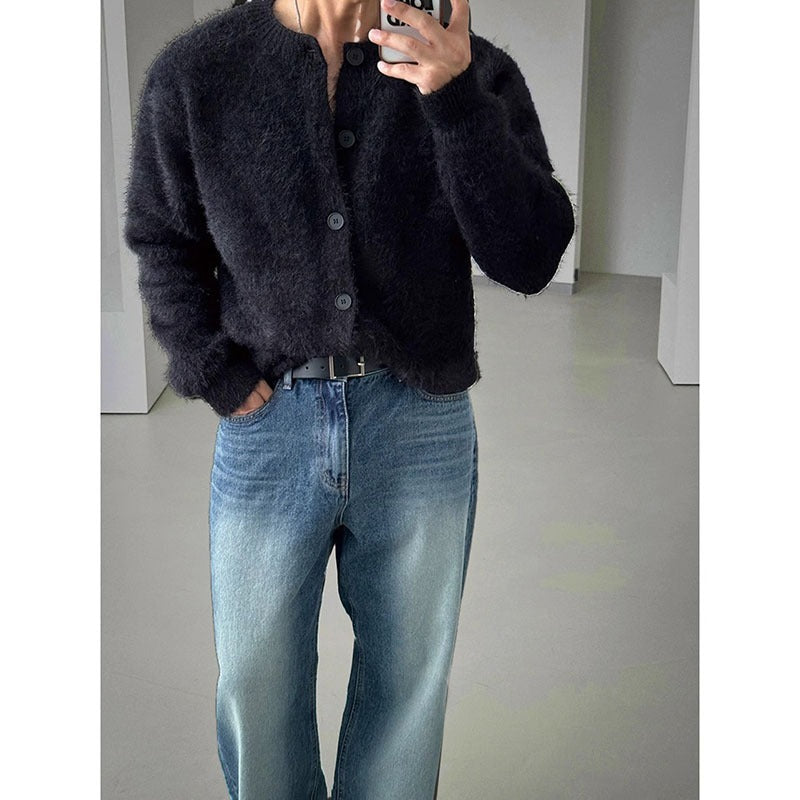 Crew-neck Knitted Cardigan Comfortable And Warm Loose-fit Sweater