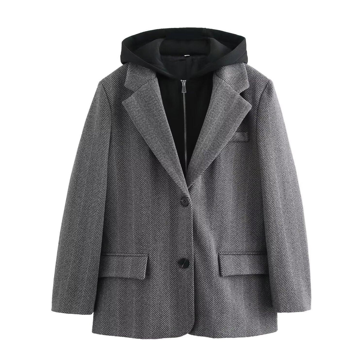 Dark gray hooded suit jacket with herringbone twill, button front, flap pockets
