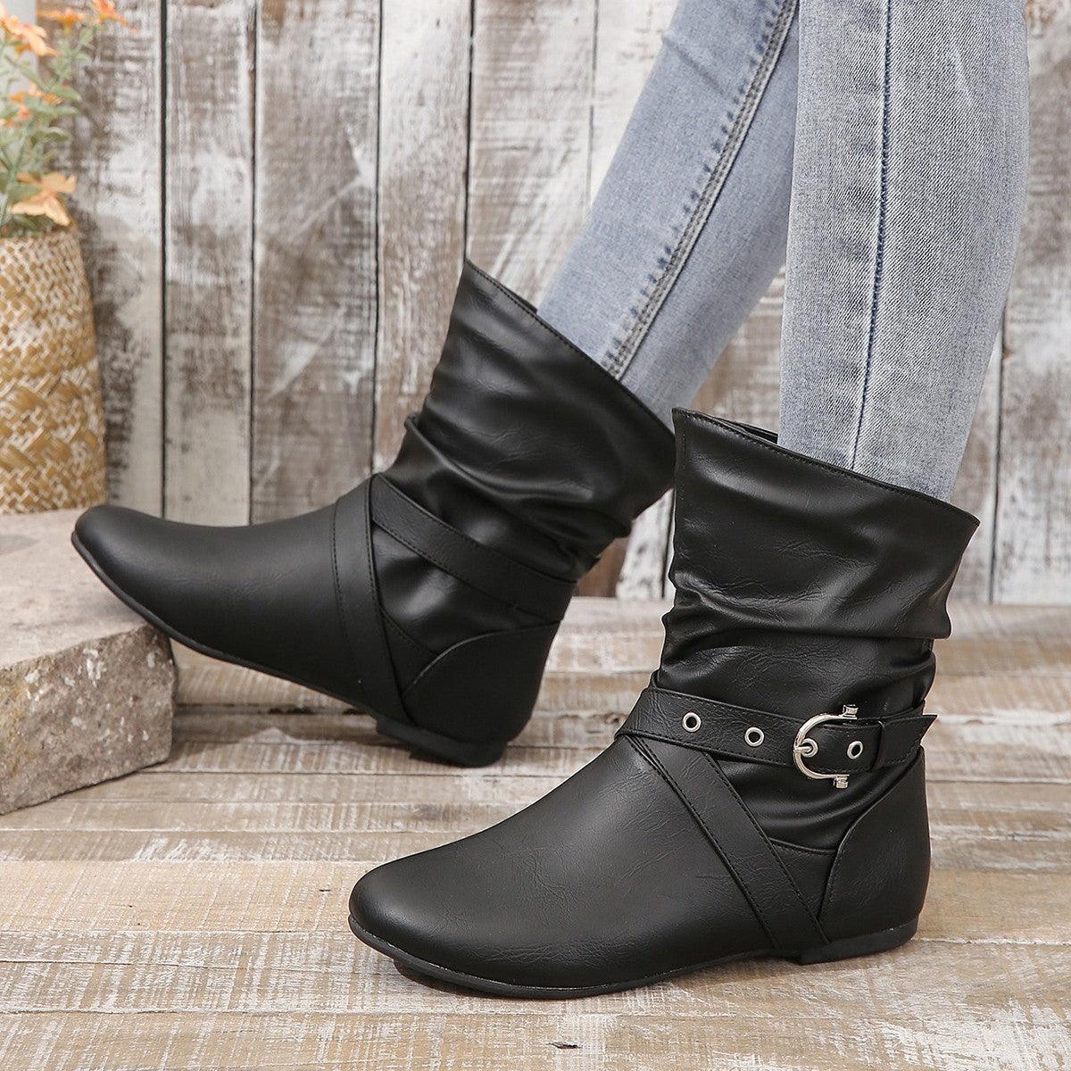 Round Toe Pleated Ankle Boots - WOMONA.COM