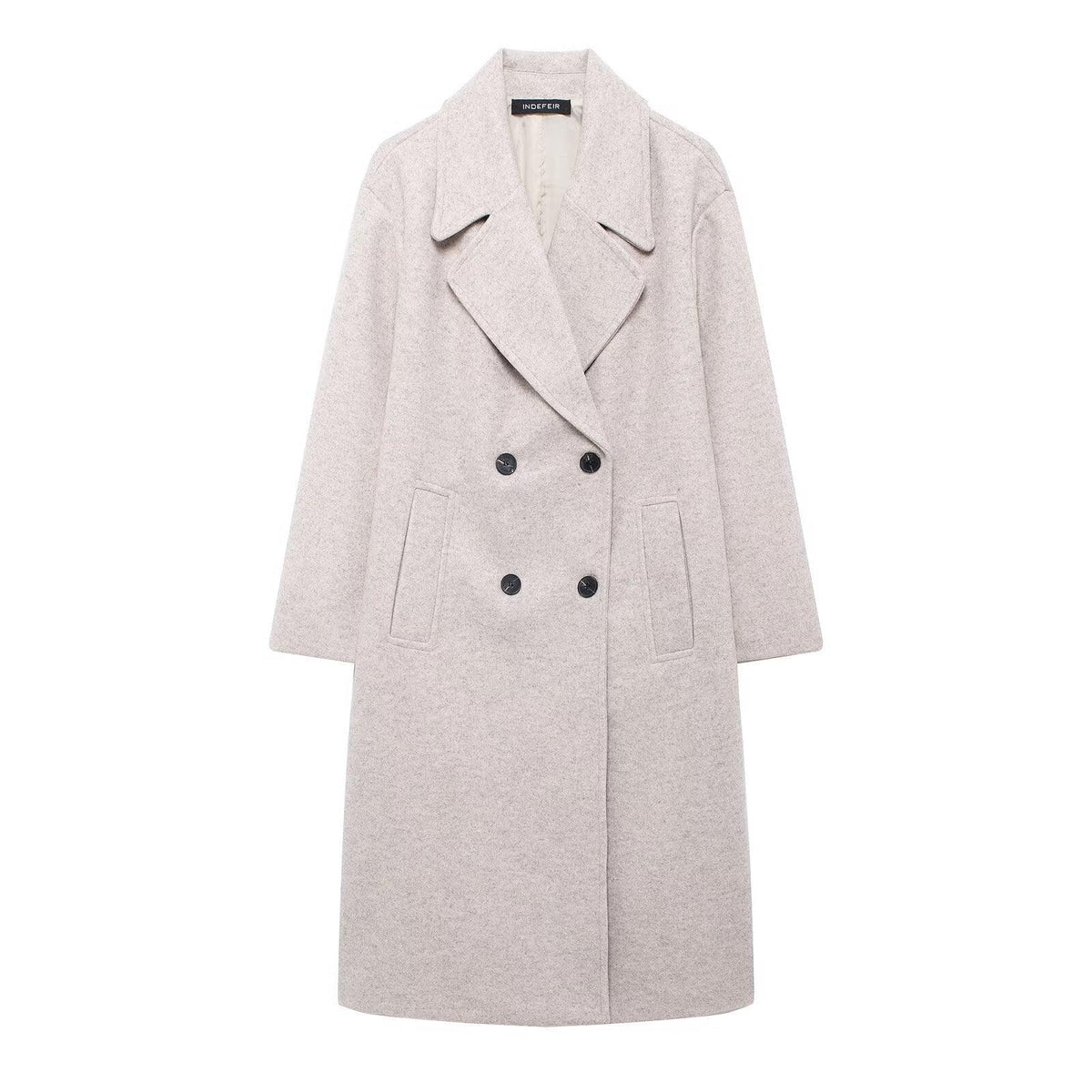 Light gray women’s overcoat, long loose silhouette, notched lapels, double-breasted buttons