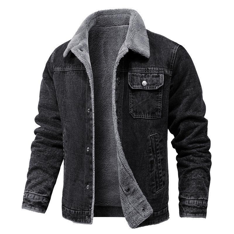 Dark denim loose jacket with gray fleece lapels, button pockets, sherpa lining