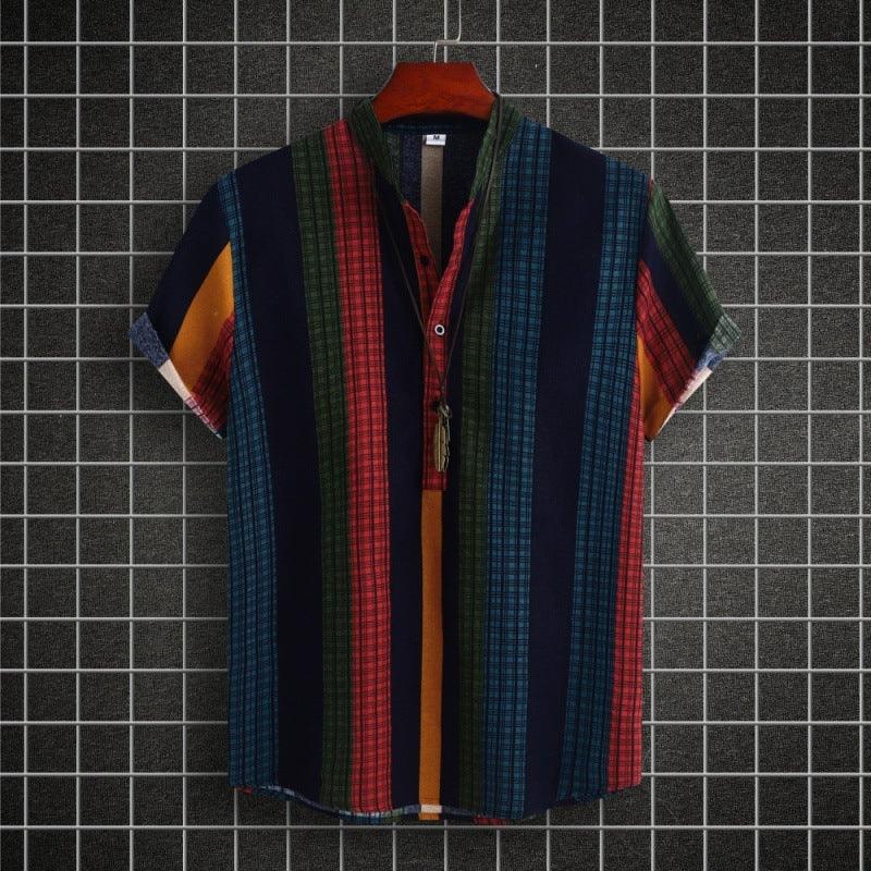Men's Stand-Collar Striped Cotton Shirt