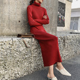 Fleece-lined Knitting Dress Turtleneck Slim Fit Long Dress - WOMONA.COM