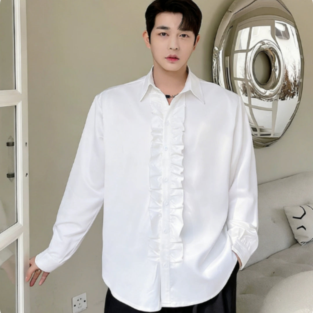 Men’s white ruffle front button-up shirt with pointed collar and long sleeves
