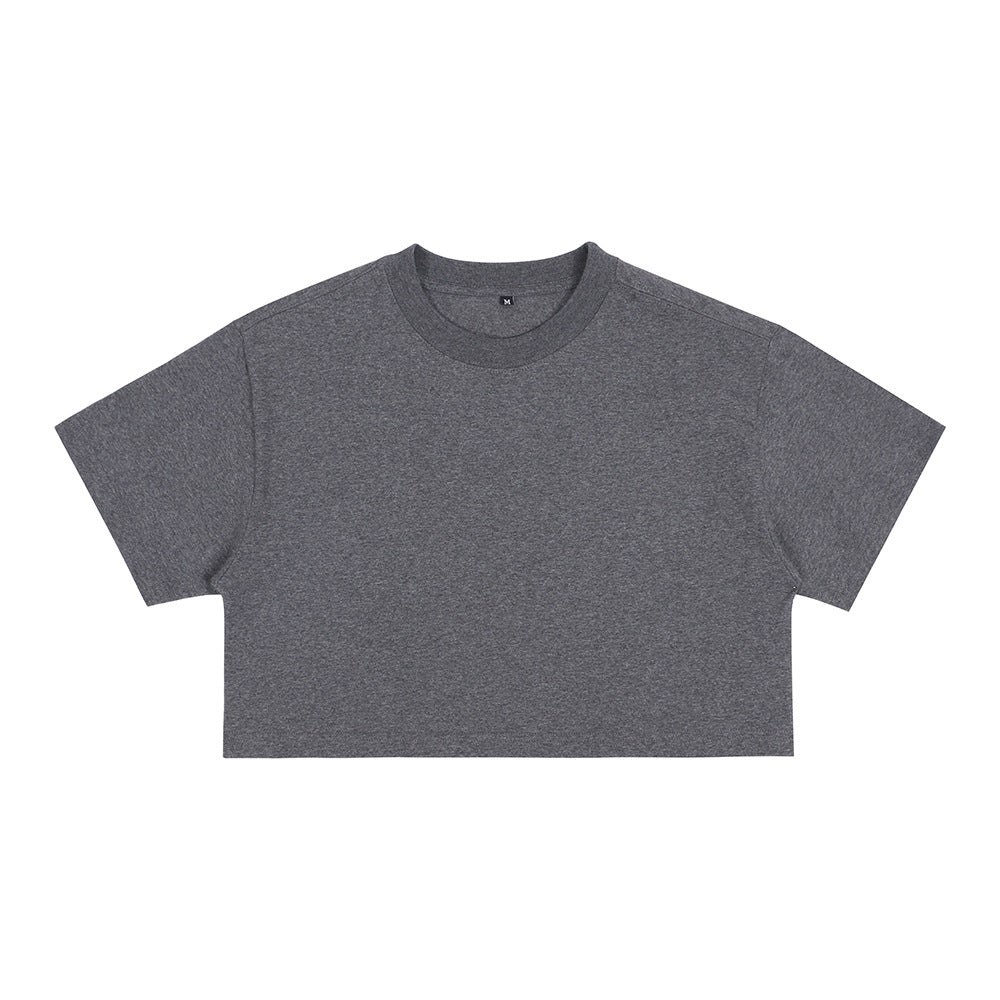 Medium gray loose crop T-shirt with short sleeves and round crew neck