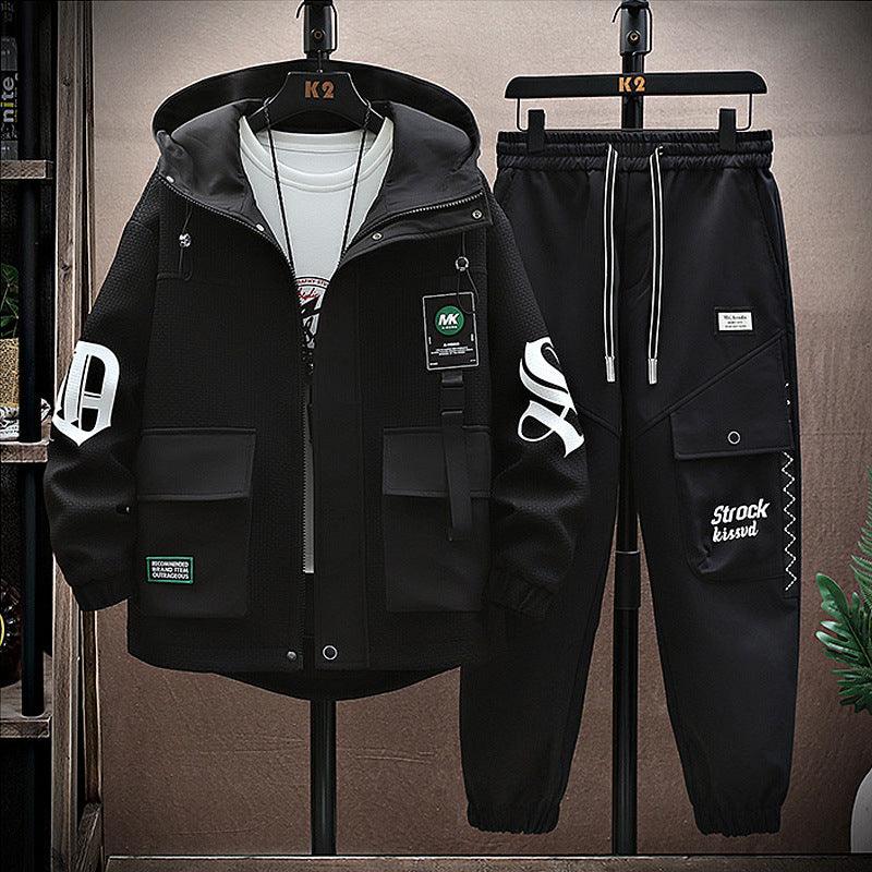 Black zip-up hooded utility jacket and black drawstring jogger pants set