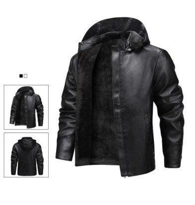 Men’s black leather coat with faux-fur hood, shown from the back with seam details
