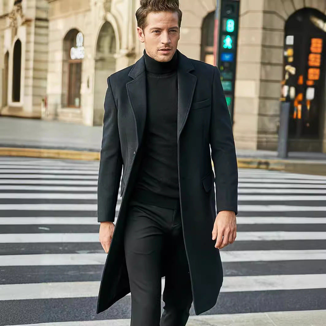 Black long wool coat with notched lapels and front pockets