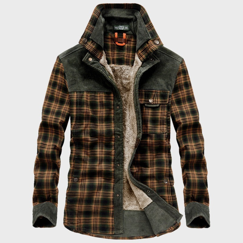 Men's Fleece-lined Thickened Long-sleeved Plaid Shirt - WOMONA.COM