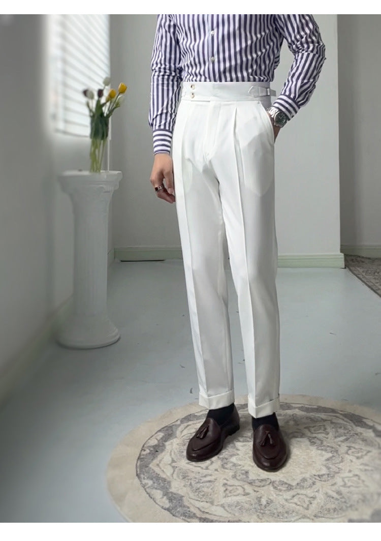 White high-waisted straight-leg casual pants with belt loops and front crease