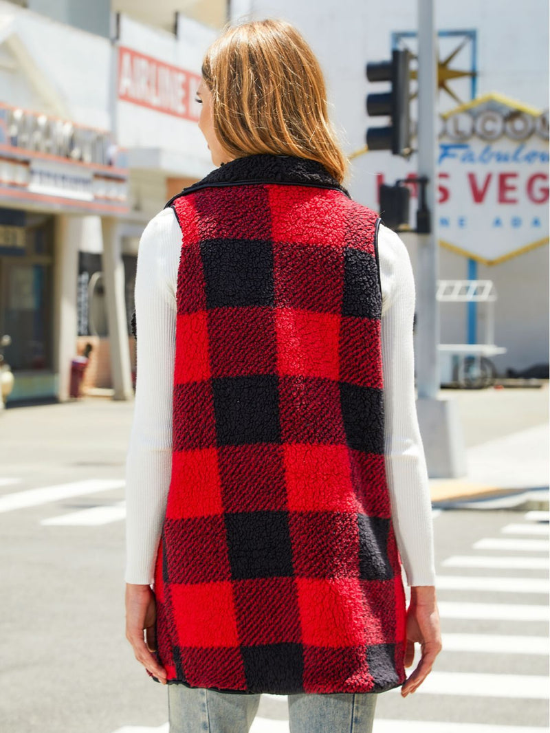 Cardigan Plaid Plush Vest Coat For Women - WOMONA.COM