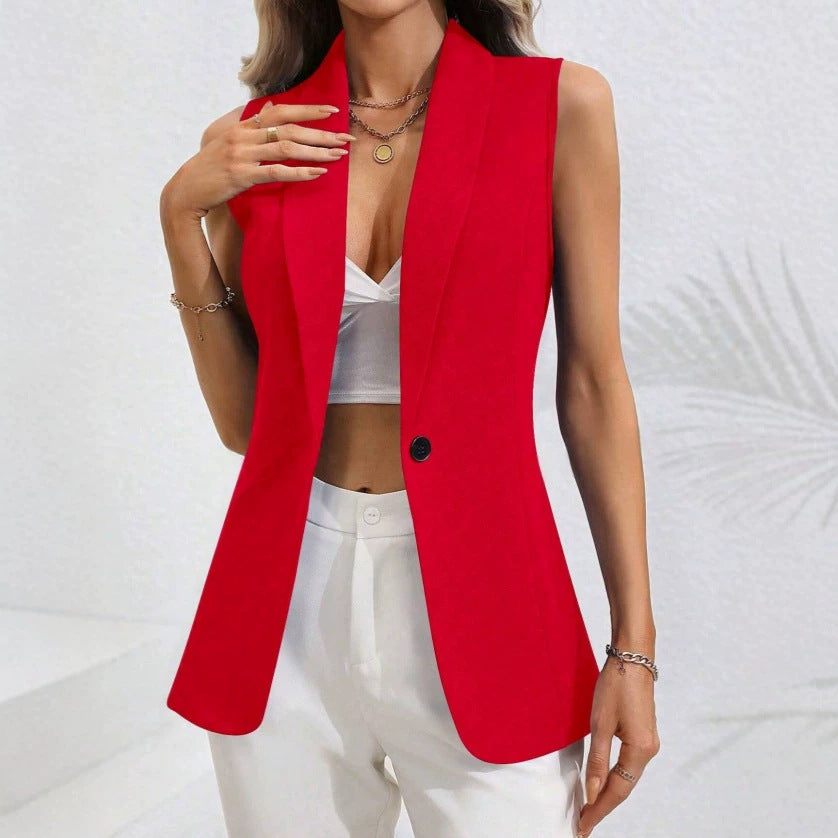 Solid-color sleeveless V-neck cardigan in bright red with open front and single button.