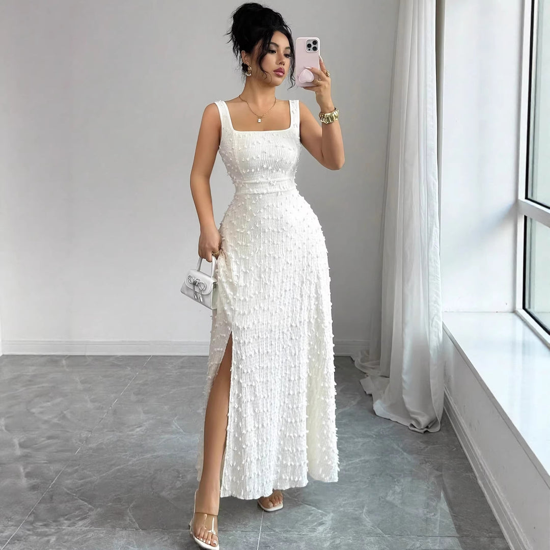 White square-neck sleeveless maxi dress with fitted waist and side slit