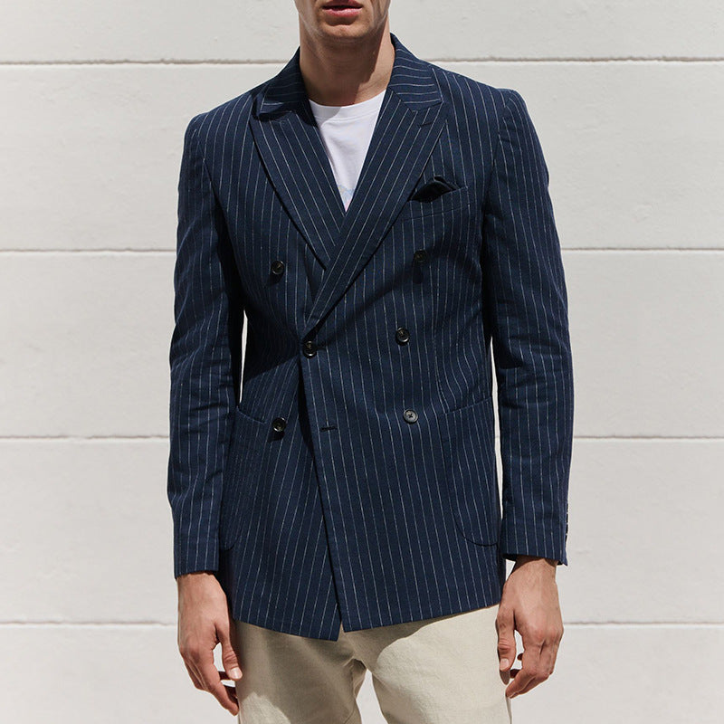 Blue pinstripe tailored blazer with double-breasted button front and flap pockets