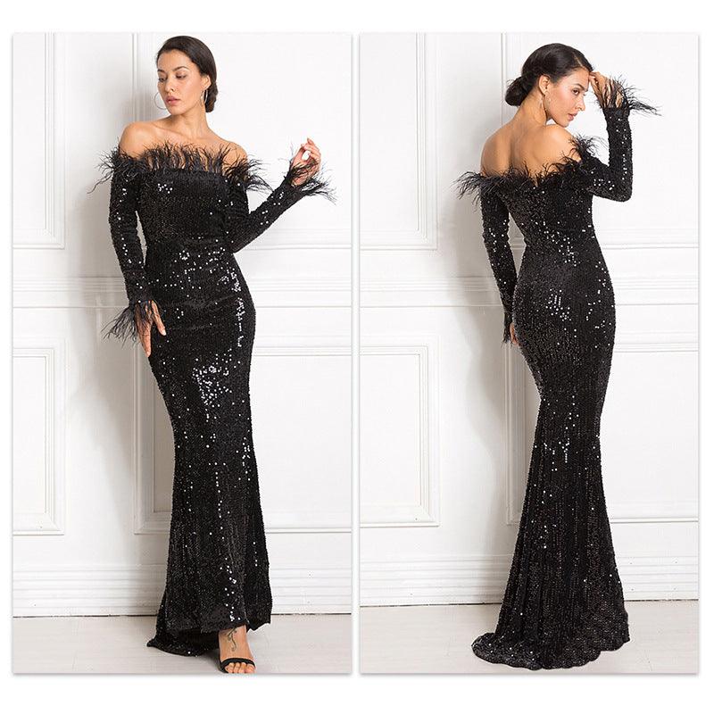 Black off-shoulder fishtail sequin dress with feather-trim neckline and off-shoulder sleeves