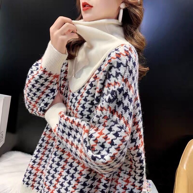 Women Fake Two High Neck Sweaters Houndstooth - WOMONA.COM