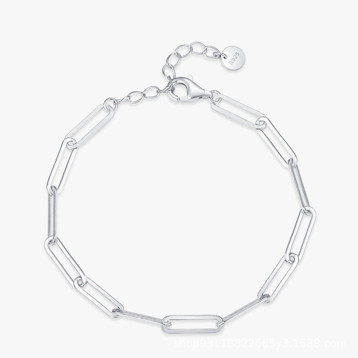 Silver 925 pin clip bracelet with smooth link chain, heart clasp, and round stamped tag
