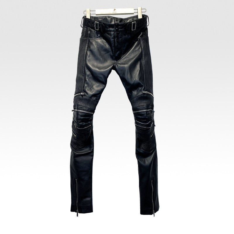 Tide Niche Casual Zipper Sheepskin Leather Slim Fit Pants Men - WOMONA.COM