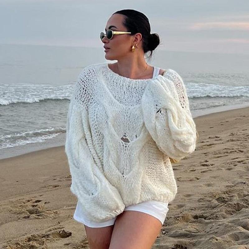 Solid Color Round Neck Cable-knit Sweater - WOMONA.COM