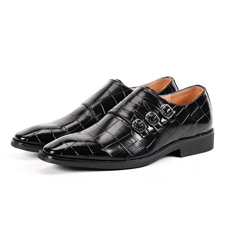 Men's black croc-textured slip-on loafers with double buckle