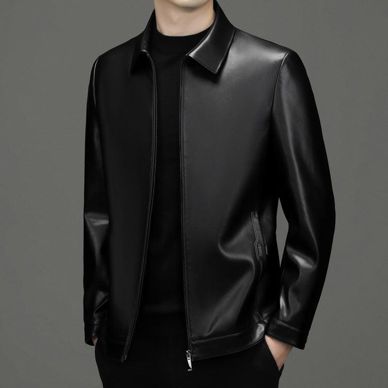 Black PU leather jacket with stand collar, full front zip, and side pockets