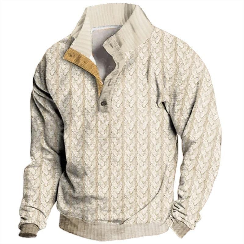 Cream textured knit henley pullover with button placket, long sleeves, stand collar