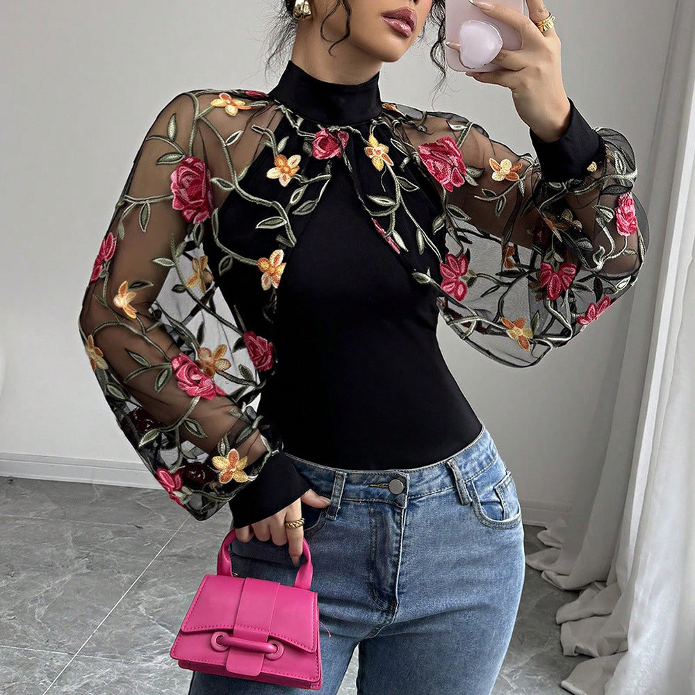 Black t-shirt with sheer lace long sleeves and rose floral embroidery, fitted high neck
