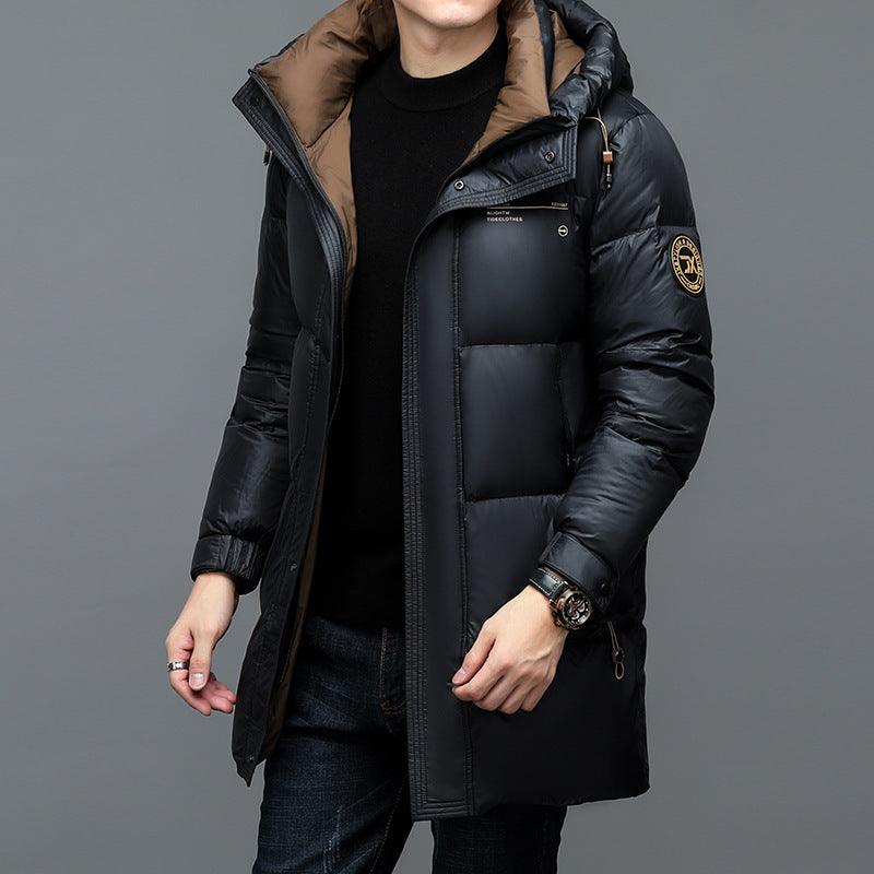 Men’s black duck-down puffer jacket with long length, zip front, and hood.