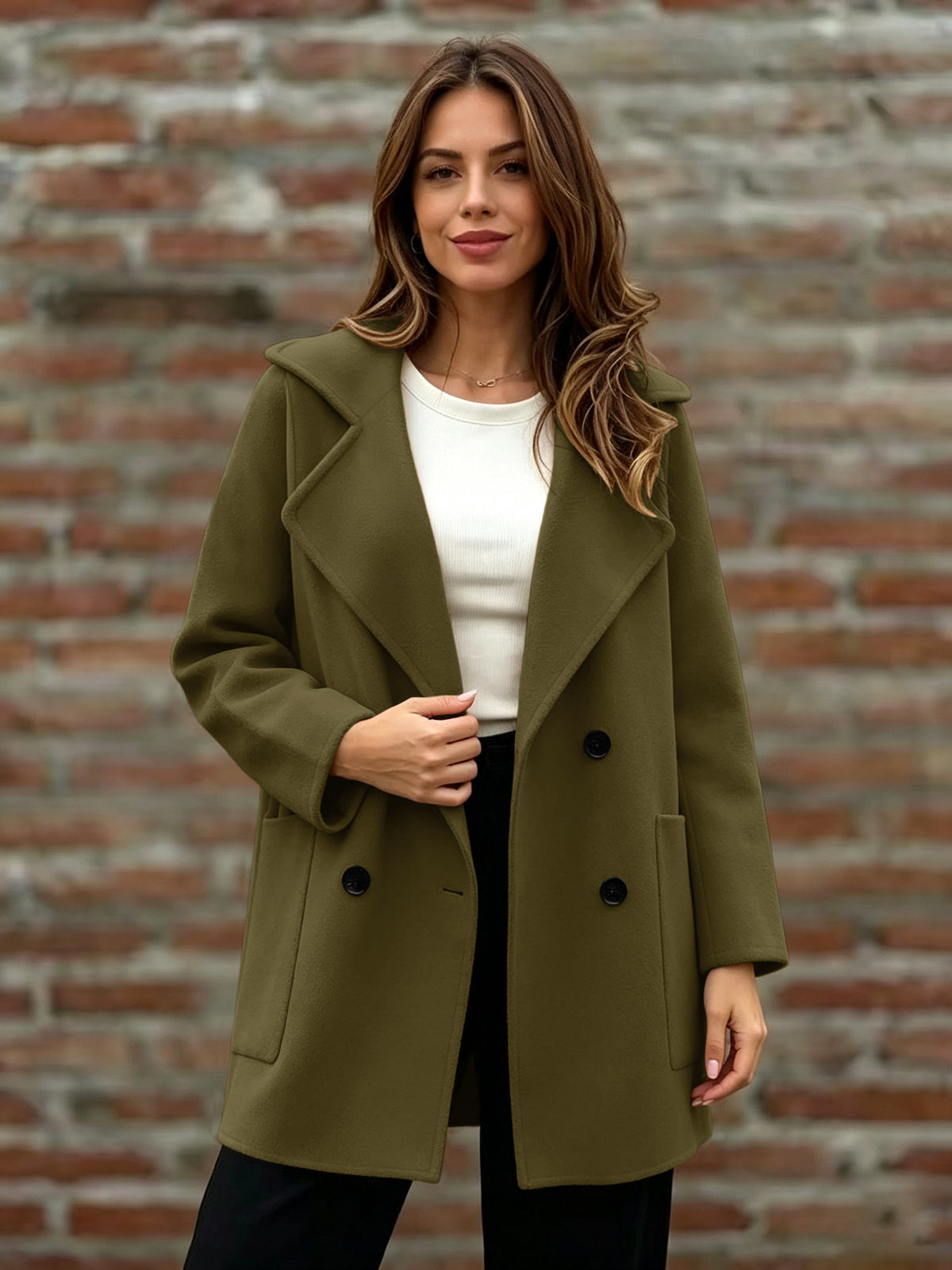Women's loose double-breasted wool coat, olive green, notch lapels, long sleeves