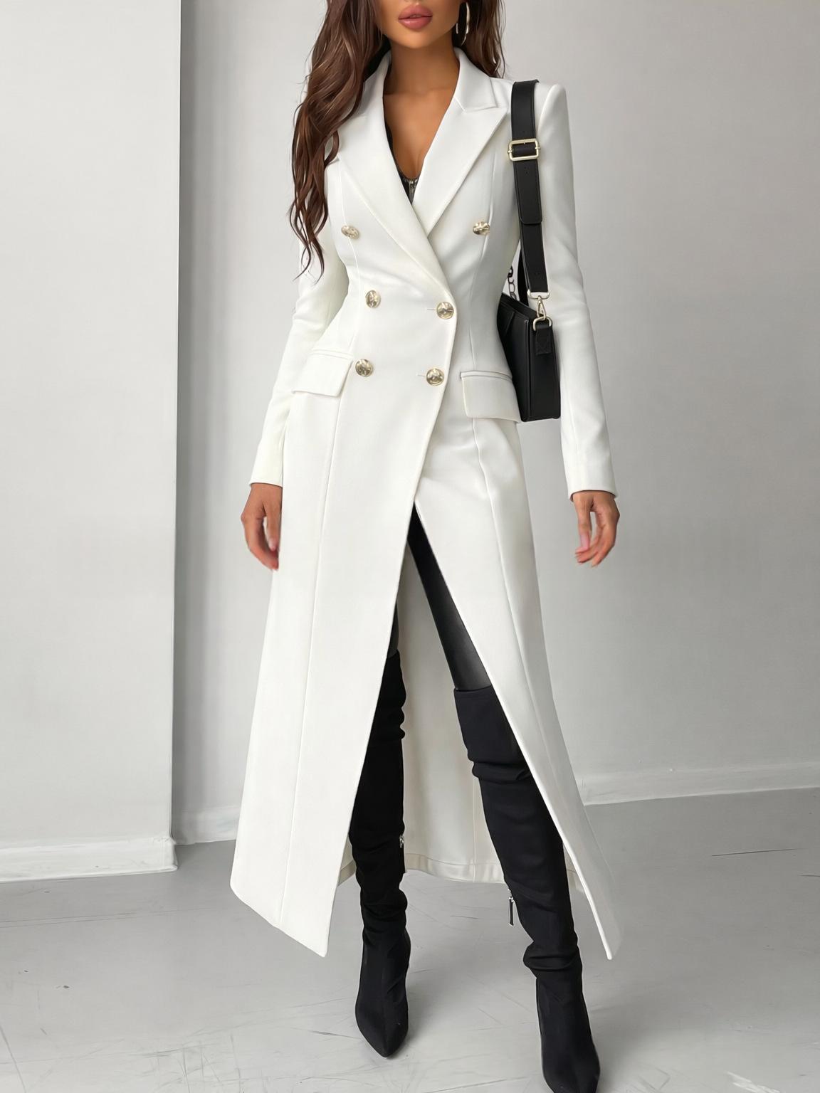 Women's white double-breasted long coat with notch lapels and gold buttons, side slit
