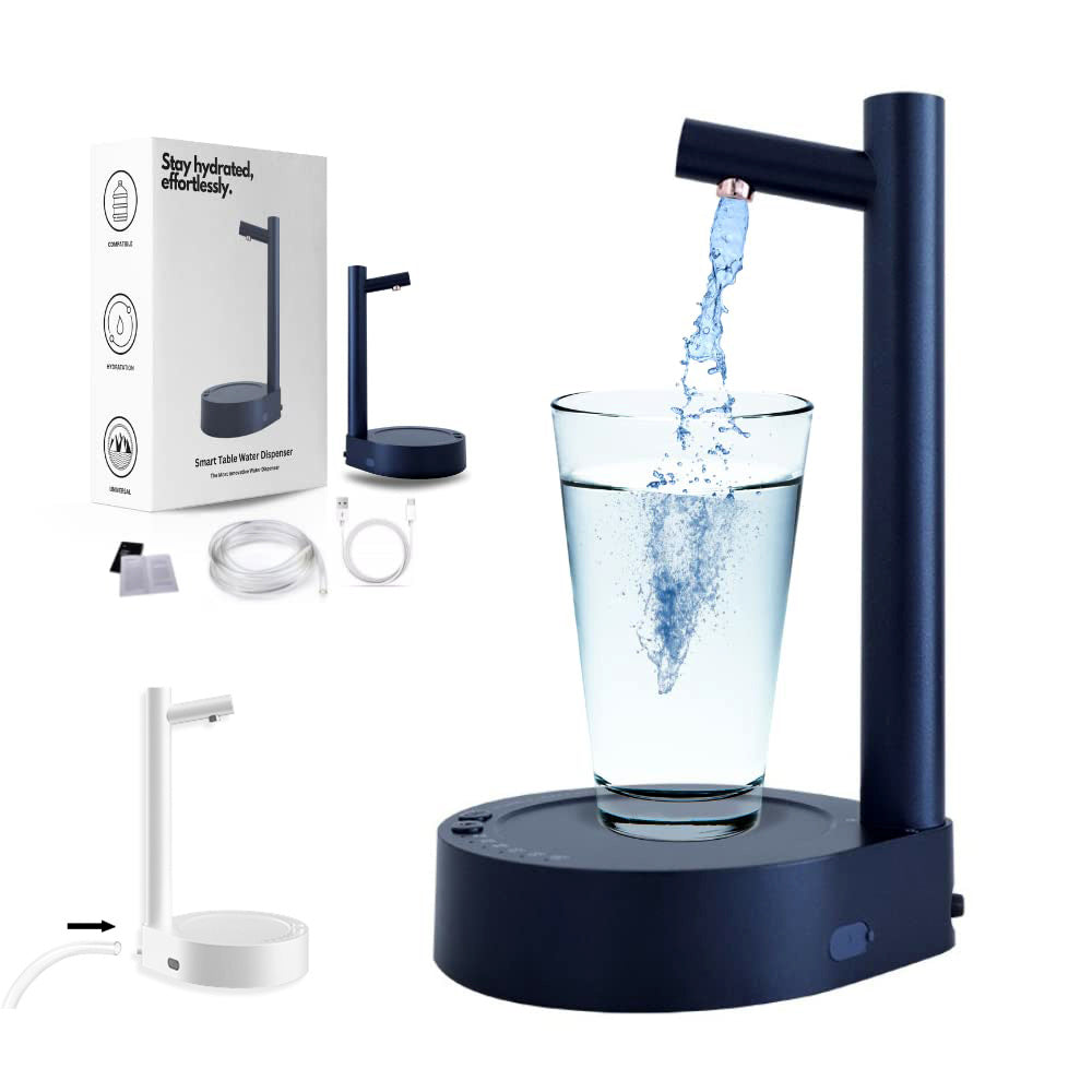 Electric automatic water dispenser kit with black base, spout, and glass filling with water