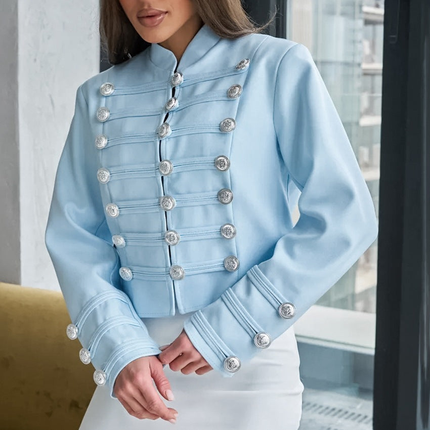 Cropped stand-collar jacket, light blue, silver double-breasted buttons, long sleeves