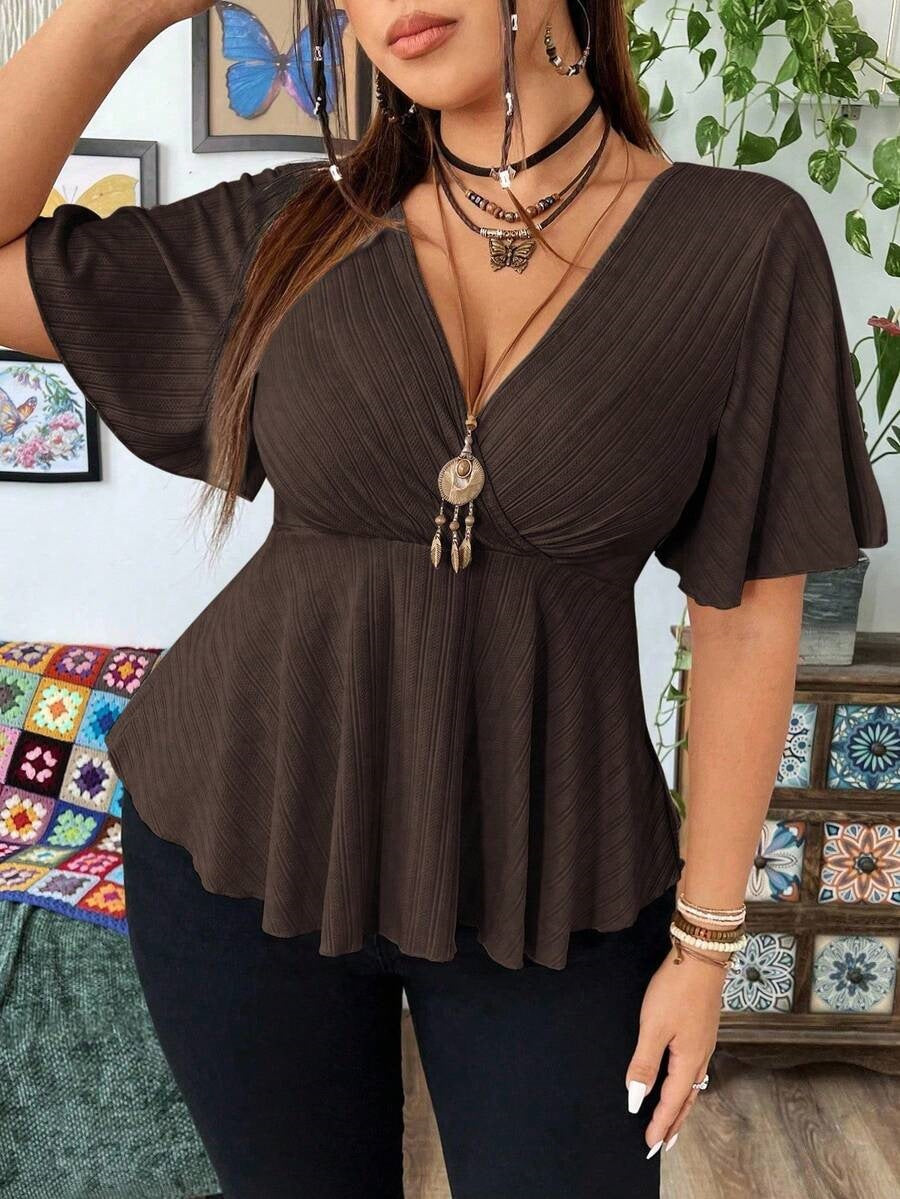 Women’s dark brown V-neck short-sleeve peplum top with front button detail
