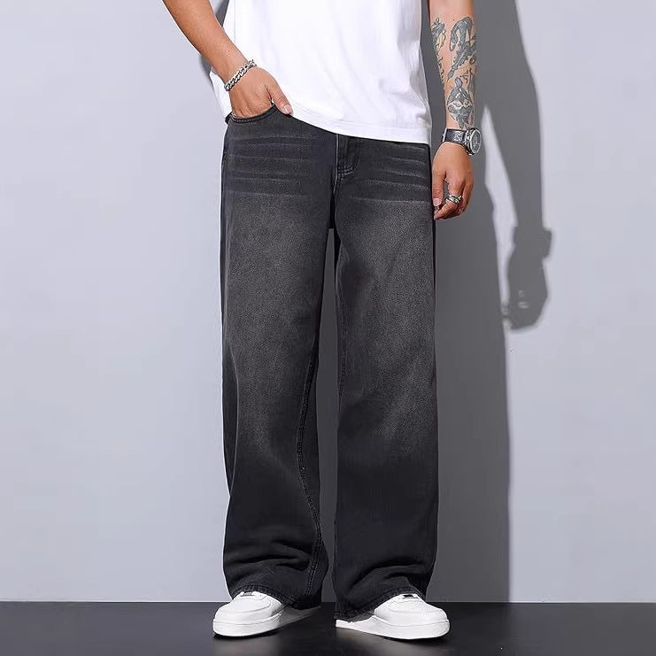Men's straight-leg jeans in dark gray/black, relaxed fit, front pockets, belt loops